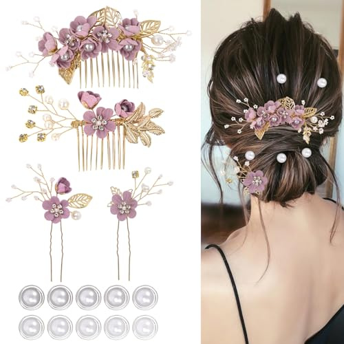 4 horquillas elegantes para el pelo de novia, accesorios para el pelo de dama de honor, 10 horquillas con perlas en espiral para novias, damas de honor, mujeres y niñas (morado).