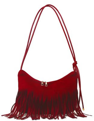 CORIOS Borsa a Mano con Frange da Donna Borsa a Spalla a Tracolla in Pelle Scamosciata Hippie Occidentale Borsa Messenger Ascellare Retro Elegante Tote per Lavoro Shopping Viaggio Rosso