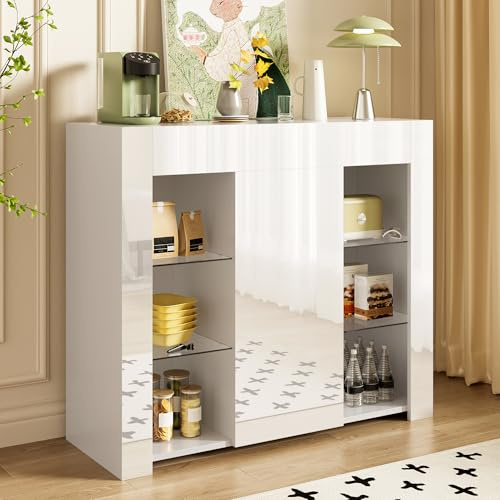 Generisch Moderno buffet blanco con frente brillante – Solución de almacenamiento compacta y elegante con estantes de cristal y puerta de armario para salón, comedor o cocina – 95 x 35 x 83 cm