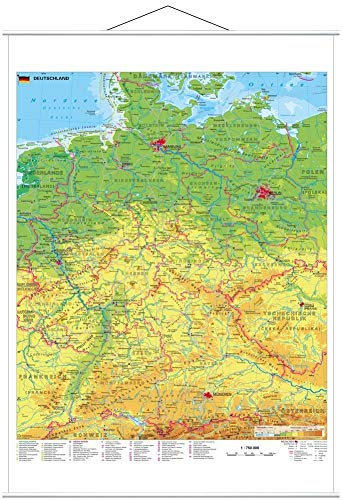 Deutschland physisch mit UNESCO Welterbestätten und Nationalparks Wandkarte mit Metallbeleistung NEUE AUFLAGE