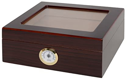 Humidor Supreme Capri Desktop Humidor with Glass Top, Mahogany Finish | Small Desktop Cigar Storage with Spanish Cedar Tray & Divider | Cigar Box with Humidifier & Glass Hygrometer, Holds 25-50 Cigars