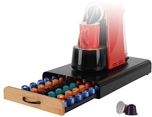 Flagship Coffee Pod Holder for Nespresso Originalline Capsule Holder Drawer Pod Storage Drawer 60 Capacity, Black Metal & Bamboo Coffee Drawer