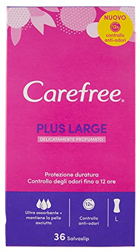 Carefree Salvaslip Plus Large Fragranza Delicata, Salva slip donna extra ampio per il 100% di controllo degli odori, Morbidi e discreti proteggi slip super assorbenti per uso quotidiano, 36 salvaslip