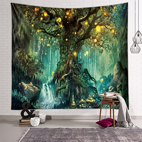 Traumheim Baum des Lebens Wandteppich, Wandbehang Wandtuch Wasserfälle mit Elfen Unter Altem Verzaubertem Baum, Wandteppich Psychedelic Wald Wanddeko für Schlafzimmer Wohnzimmer Wohnheim