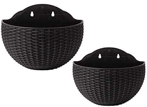 HOUI 2 PCS Imitation Rattan Wall Hanging Planter,Semicircle Plastic Plant Baskets Container Flower Pot with Drainage and Hooks for Balcony Fence Wall Indoor Outdoor Home Office Decoration Gift(Black)