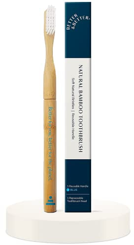 Better & Better Natural Bamboo Toothbrush | Soft Bristles | 100% Plant-Based | Reusable Handle and Replaceable Brush Head | Eco-Friendly, Zero Plastic | Adult Size, Blue