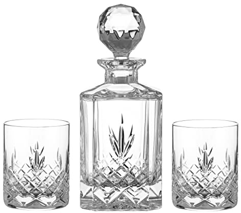 DIAMANTE 3 piece Whisky Set ‘Old Buckingham' 3 Piece - 1 Decanter and 2 Tumblers Packaged in a Black Satin Lined Gift Box - Premium Crystal