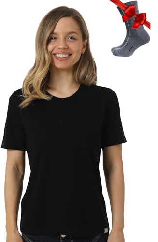 Merino.tech Camiseta Lana Merino Mujer — 100% Orgánica Merino Lana Camiseta Interior Mujer con Calcetines (XX-Large, Negro Cuello Redondo)