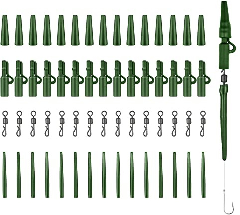 Realure 60 Pezzi Clip in Carpa Set di Accessori per La Pesca Alla Carpa Clip Antigroviglio Maniche Code di Gomma Girelle a Cambio Rapido Piccoli Pesi, Alimentatore (Verde)