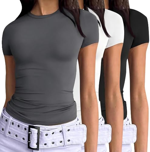 VELISDE Women's 3 Pack Short Sleeve Shirts Basic Slim Fit Crop Tops Going Out Tops 2025 Spring Summer Tight Tees Y2k Clothes (Black,White,Gray-S)