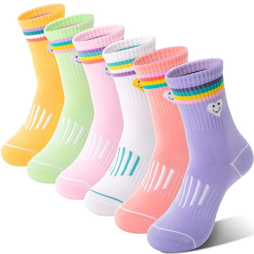 Sandsuced Kids Girls Socks Athletic Sport Basketball Youth Cotton Crew Soft Colorful Heart Gift Outdoor Socks 6 Pairs Stocking Fillers(Colorful Stripes Face, 5-8Years)