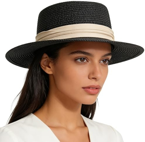 HIQIU halm sommarhatt damer med brett brätte – UV-skydd platt topp strandhatt damer stråhatt Panamahatt för strand och resor, Svart hatt med beige band, 56-58