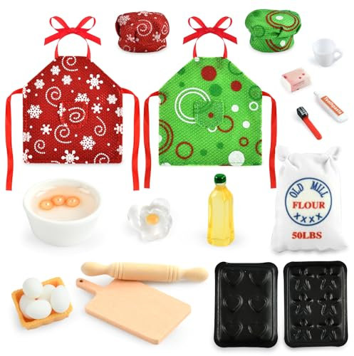 Ropa Elfo Navidad Muñeco 23 Piezas Accesorios Elfo Travieso Navidad Complementos Elfo Navidad Muñeco Miniaturas para Casa de Muñecas Cocina Miniatura Rojo y Verde Delantal, Sombrero, Rodillo