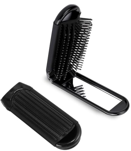 Mini spazzola per capelli da viaggio, piccola, pieghevole, compatta, con specchio e setole in nylon, pettine portatile per borsa da palestra, borsa, armadietto, per donne e uomini (nero, 1 pezzo)