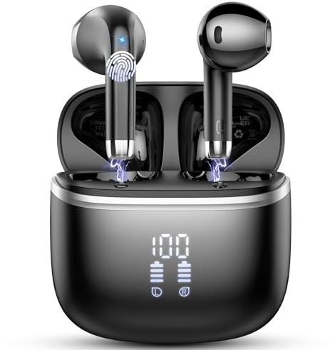 Wireless Earbuds, Bluetooth 5.3 Headphones with 4 ENC Noise Cancelling Mic, HiFi Stereo Deep Bass, 40H Playtime, IP7 Waterproof Bluetooth Earphones, Bluetooth Earbuds Dual LED Display, USB-C, Black