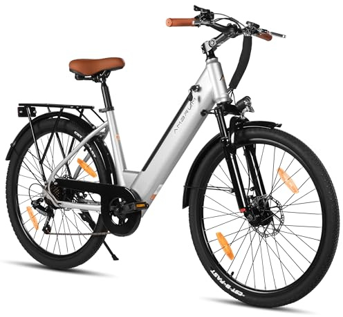 Hiland 26 Zoll 250W Elektrofahrrad, Elektro Citybike mit 36V 10.4Ah Akku, 7 Gang Elektrofahrrad für Männer Frauen mit Hartstahl Rahmen, Grau City Pendlerfahrrad für Erwachsene