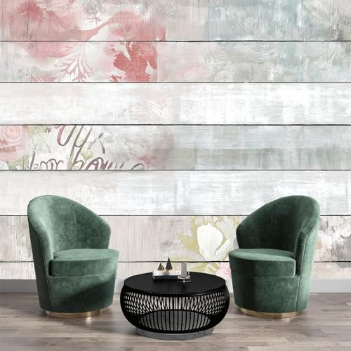 MIATCENRT 3D Desgastados Papel Tapiz Fotográfico, Efecto Tablones Madera Motivos Florales Papel Pintado Pared para Salón 350Anx256Al cm, Ideal para la Decoración de Comedores, Salones, Dormitorio