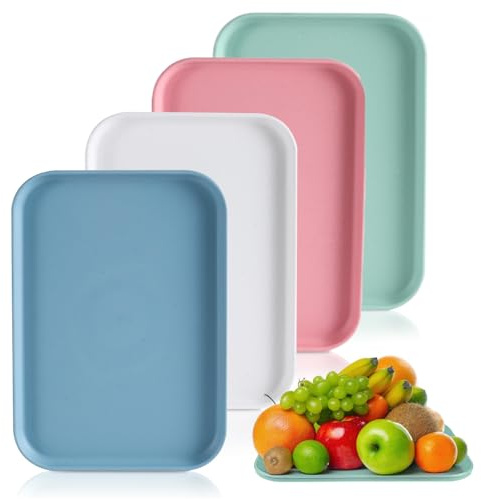 4 Pcs Plastic Serving Tray, Plastic Fast Food Trays Rectangular Dinner Tray Food Drinks Trays for Home Hotel Restaurant (4 Colors)