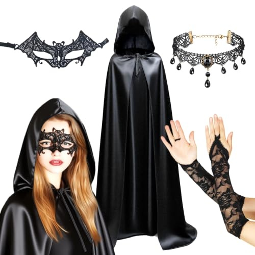 VOPIWOZ Costume de Sorcière pour Femme, Ensemble de Costume D'Halloween, Cape pour Femme Avec Capuche, Masque en Dentelle, Gants en Dentelle et Collier, Costume de Vampire pour Femme (150 cm)