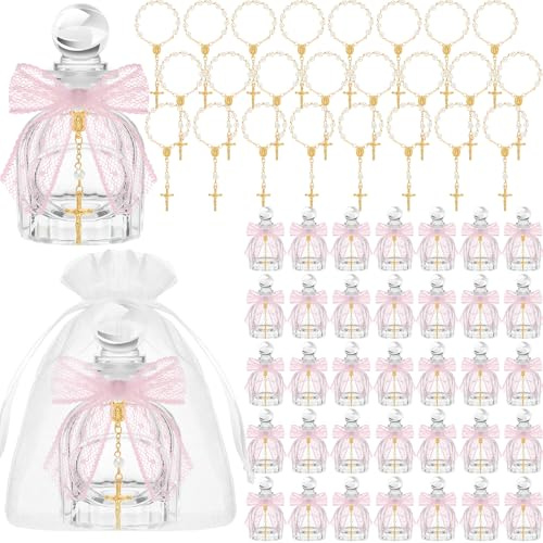 Chuangdi 24 Sets Holy Catholic Water Bottles Bulk Baptism Favors for Guests Catholic Christian Glass Bottles,Gold Cross Bracelet Organza Bags, Ribbon for Church Wedding Baptism Gift (Lace Bow,Pink)
