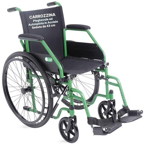 REMEDIA ONE - Sedia a Rotelle Pieghevole Leggera ad Autospinta, Carrozzina per Disabili in Acciaio, Portata Massima 120 kg - Seduta 43 cm, Verde