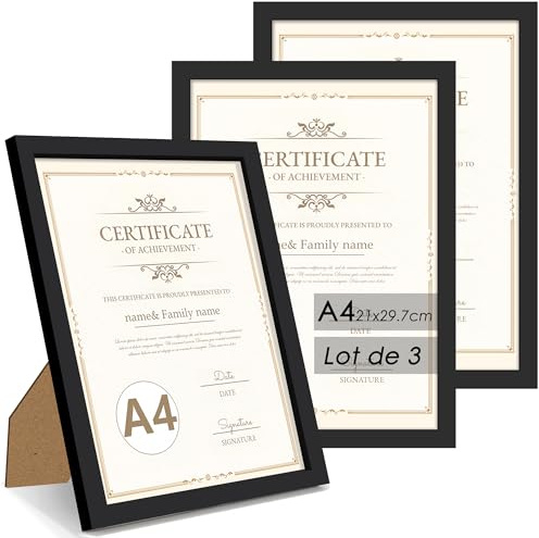 QPQIYIY Cornici A4 (21 x 29,7 cm) Set da 3, Cornice Nera in Legno Composito, Cornici A4 Ideali per Foto, Immagini e Poster
