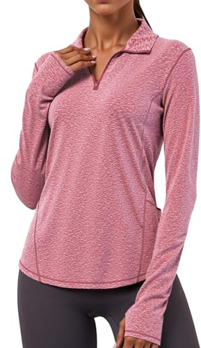 Gyabnw Long Sleeve Workout Tops for Women UK Gym Yoga Running Workout Tops Half-Zip Activewear with Thumb Holes Zip Stand Collar Pink