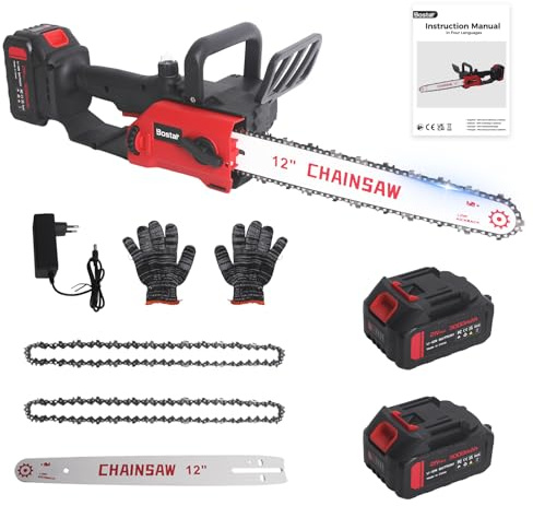 Bostar Motosega a Batteria 12 (30cm) Motore Brushless, Motosega Elettrica per Potatura Giardino e Legna da Ardere, Compatibile Batteria Makita, Tensione Senza Attrezzi, 2 Batterie e Olio Auto