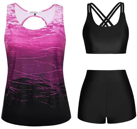 JASAMBAC 3-delad tankini-baddräkt för kvinnor badkläder linne med bikinitopp pojkshorts set, Lila toning, L