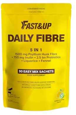 Fast&Up Daily Fibre 5 in1 - Psyllium Husk, Inulin, 2.5 bn Probiotics, Licorice & Fennel for Bowel Regularity & Digestion – Easy Mix Powder – 30 Stick Packs – Lemon & Lime Flavoured Drink