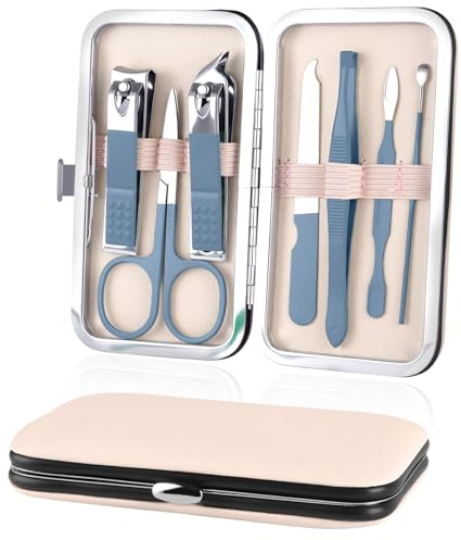 URAQT Professional Manicure Set, 7 pcs Nail Grooming Kit, Blue | Nail Care Tools, with Luxurious Leather Case, Portable Stainless Steel Nail Clippers & Eyebrow Grooming Kit for Travel & Home