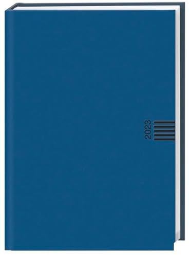Agenda settimanale 2023 blu libro con segnalibro e rotazione angolare. Calendario tascabile imbottito per pianificare appuntamenti.