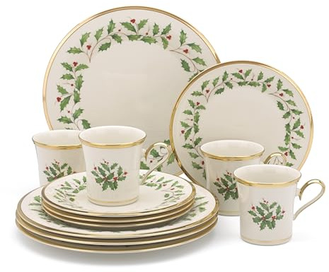 Lenox Dinnerware Set, Holiday 12-Piece Set, Service For 4, Porcelain Plate, Berry Motif With 24-Karat Gold Accents, Christmas Dinner Plates, Salad Plates And Mugs, Dishwasher Safe (Assorted, 12 Piece)