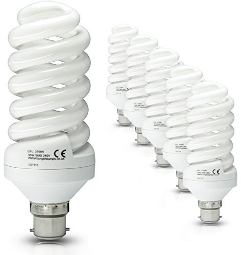 Long Life Lamp Company 6 x 35w Energy Saving Spiral Light Bulb Warm White 175w Equivalent Very Bright, Bayonet Cap B22, New Advanced T3 Technology Instant Light