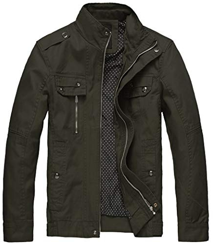Wantdo Giacca Classica Giubbotto da Lavoro Casual Cappotto con Zip Antivento Giaccone Leggera Mezza Stagione Uomo Verde Militare XL