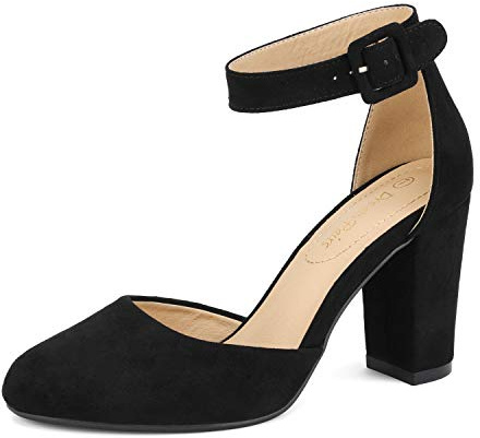DREAM PAIRS Zapatos de Tacón Acho Cómodos Clásicos de Punta Redonda Zapatos de Salón Alto con Tira de Tobillo Bodas y Fiestas Ante Negro Angela Talla 39EU/8US
