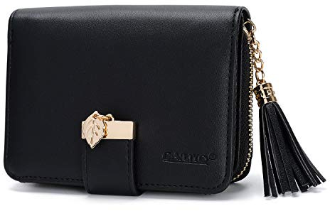 TANTOMI Geldbeutel Damen aus glattem und weichem Synthetisches Leder, Geldbörse Damen klein und im Kurzformat, Portemonnaie mit Druckknopf und Reißverschluss und viele Fächer (Schwarz).