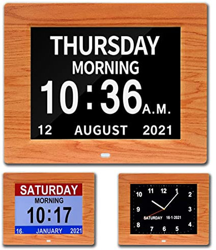 CAZOKASI Calendrier numérique 3 affichages 20,3 cm extra large avec vision altérée non abrégé Jour et mois Réveil Jour Horloge Cadre photo Intensité automatique Dimmable