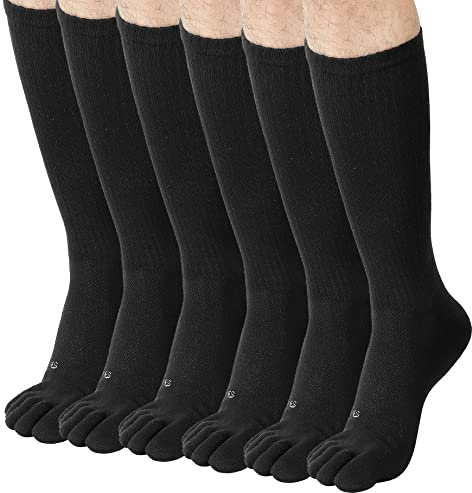 FUN TOES Men Crew Toe Socks Athletic Running Socks - Arch Support - Proper Toe Alignment - Breathable Mesh Top - Soft and Stretchy Value 6 Pairs Pack size 6-12 (Black)