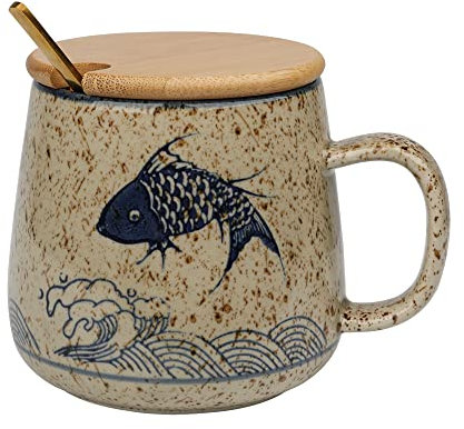 HLZK Japanische Retro-Keramik-Kaffeetasse, einzigartig, exquisit, glasierte Tassen mit Löffel und Deckel, 363 ml, Ton, Teetasse, kreatives Geschenk für Freunde/Liebhaber (Karpfen)