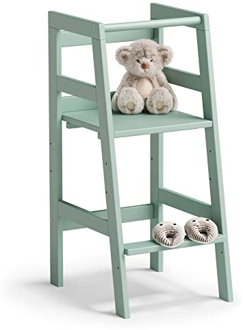 Bellabino Milo Lernturm für Kinder Mintgrün, 3-Fach höhenverstellbar, Montessori Lernturm ab 1 Jahr aus Kiefer Massivholz, Küchenhelfer für Kinder Trittschemel