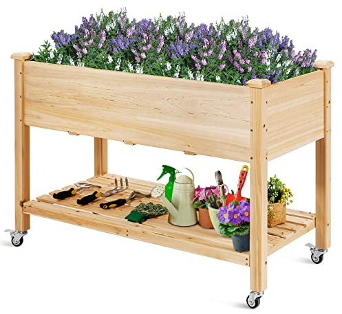 COSTWAY Cama de Jardín Elevada de Madera con Ruedas Bloqueables, 120 x 59x 84 cm, Jardinera Móvil de Madera con Estante y Forro Protector, Caja de Cultivo para Flores, Vegetales y Hierbas