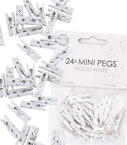 48x Mini Wäscheklammern aus echtem Holz | Größe: 25x10x4mm, mit Metallfeder, für Deko und zum Basteln | Miniklammern Holzklammern Klammer… (Weiß)