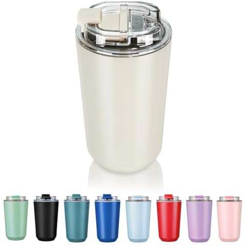 Puraville Insulated Tumblers with Lid, 14 oz Travel Coffee Mug Stainless Steel Vacuum Cup, Leak Proof Reusable Double Walled Coffee Tumbler for Iced and Hot Drinks, Cream