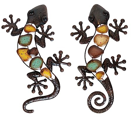 Liffy Gecko Metall Wall Art Decor 2 Pack 15 Zoll - Indoor & Outdoor Eidechse Wandkunst hängende Skulptur für Haus und Garten Dekorationen Bronze (Gold Eidechse)
