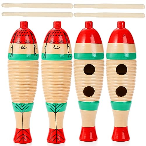 Yopay 4 Pack Guiro Instrument Fish Shaped, Latin Percussion Instrument Colorful Wooden Musical Instruments with Rhythm Sticks for Adults
