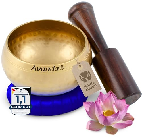 Tibetisches Klangschale-Set für Yoga, Meditation und Entspannung - Gehämmerte tibetische Klangschale Ø 10 cm, Mangoholz-Schlägel und gelbes Ring-Kissen Blau