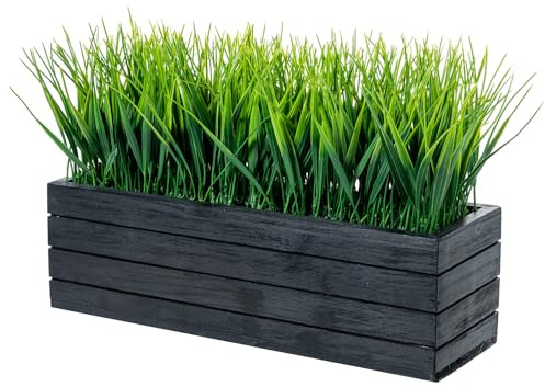 MyGift 14 Inch Artificial Green Grass Plant in Vintage Black Wood Planter Window Box, Faux Greenery in Decorative Rectangular Crate Style Wooden Container