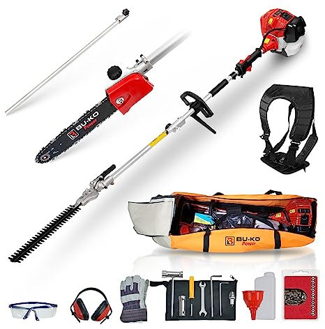 BU-KO 52cc Long Reach Petrol Hedge Trimmer and Pruner Saw with 75cm Extension Pole and Toolbag for Convenient Storage, Ultimate Garden Tool for Precision Cutting, Trim Hedges and Prune with Ease
