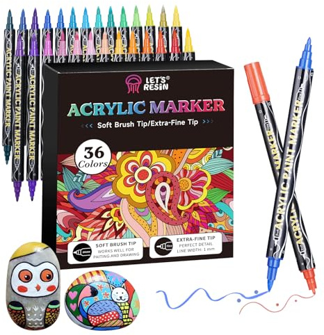 LET'S RESIN 36 Acrylic Paint Pens Markers, Dual Tip Fine & Brush Paint Markers, Strong Coverage Bright Colors Paint Pens for Rocks, Canvas, Wood, Glass, Fabric, Plastic, Acrylic Paint Set